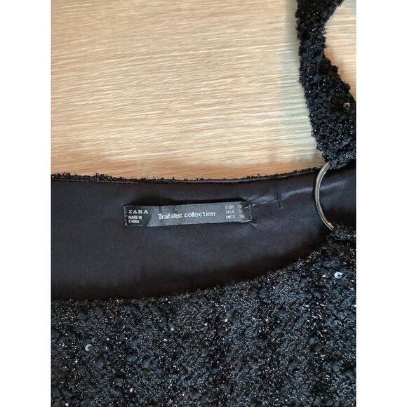 Zara Trafaluc Black Silver Sequin Tinsel Pinafore Mini Dress Women's Size S - Picture 4 of 4